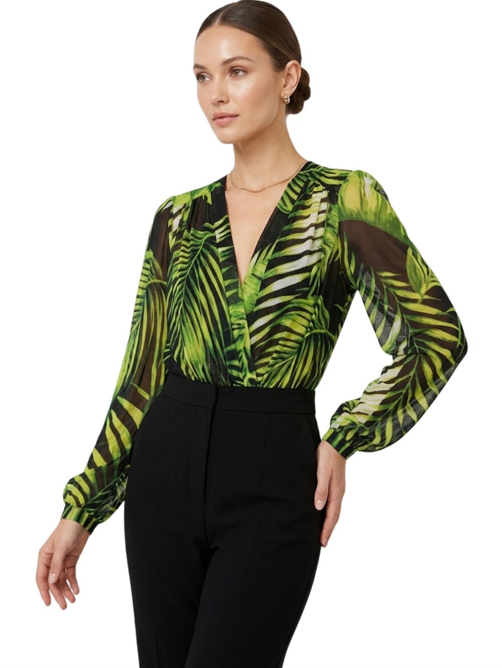 LOVE Sheer Tropical Palm Leaf Mesh Bodysuit Medium M Plunge Resort